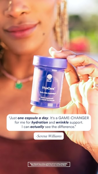 A 9:16 vertical social ad featuring a celebrity testimonial centered on a single Daily Skin Hydrator capsule to establish brand trust.